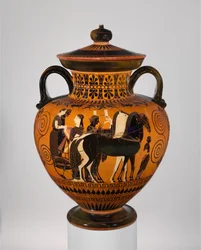 Terracotta neck-amphora with lid and knob, c.540 B.C